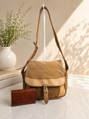 L.L.Bean Vintage Canvas Field Messenger Crossbody Bag w/ Genuine Leather Wallet
